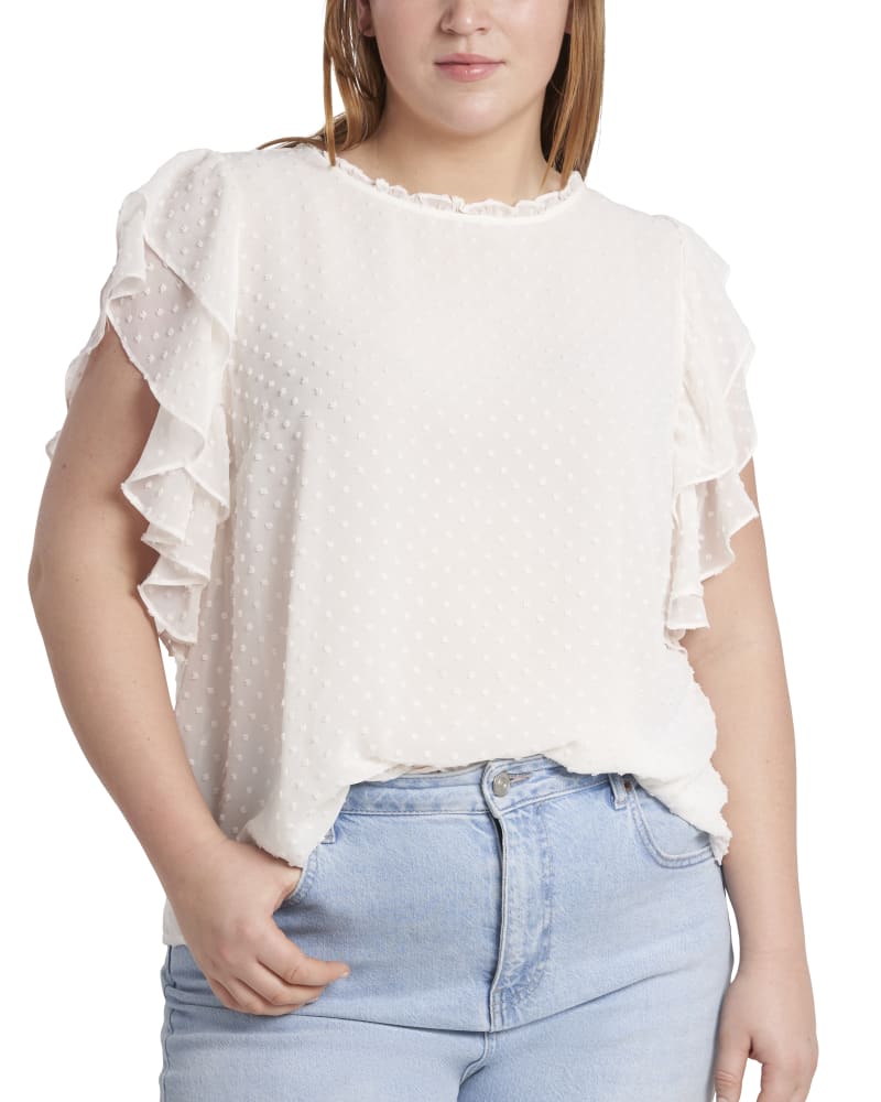 Front of a model wearing a size 0X Double Flutter Sleeve Top in SOFT ECRU by 1.State. | dia_product_style_image_id:301443